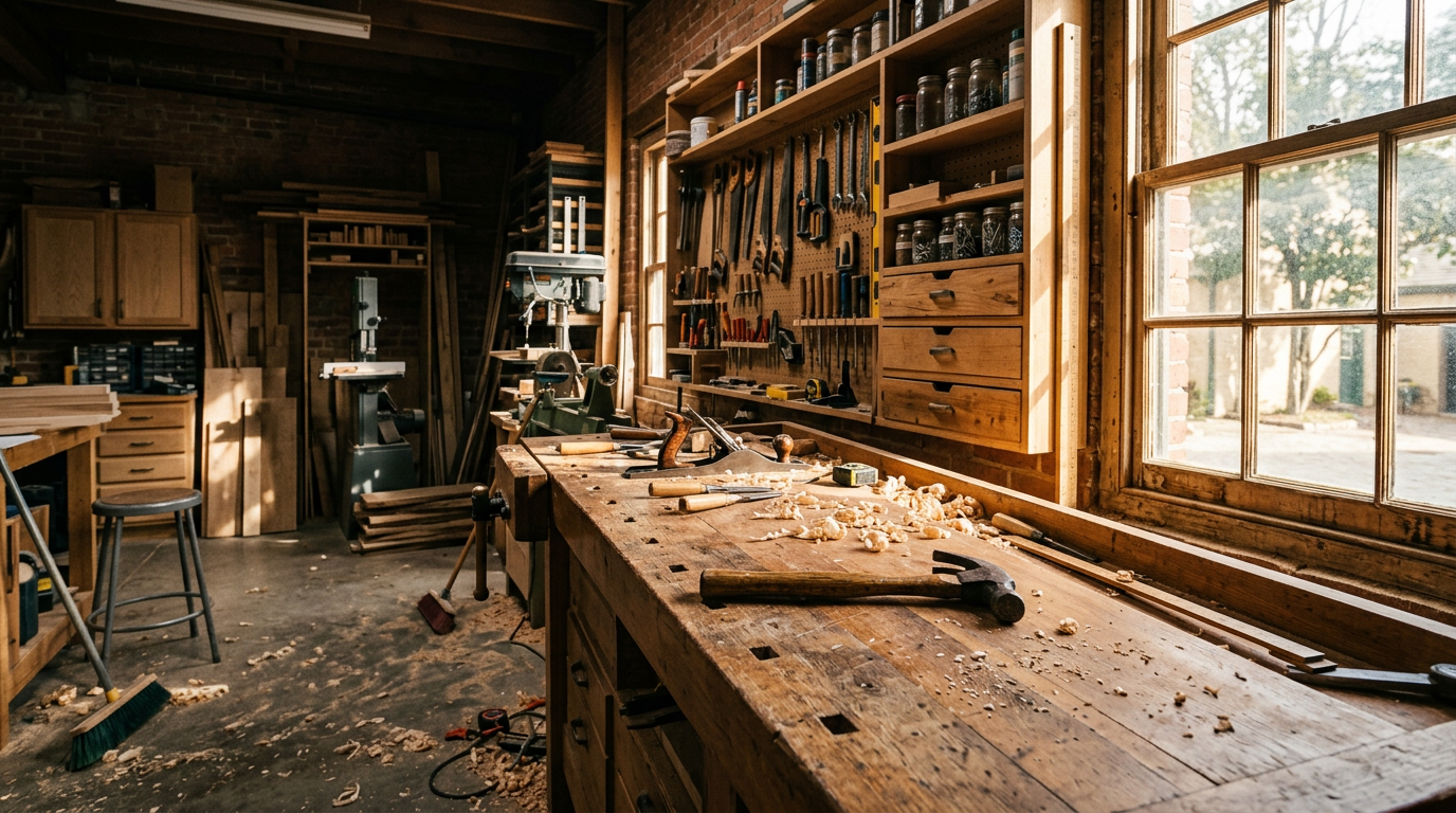 Craftsman workshop with organized tools, a long wooden bench, and warm window light across a hammer and wood shavings