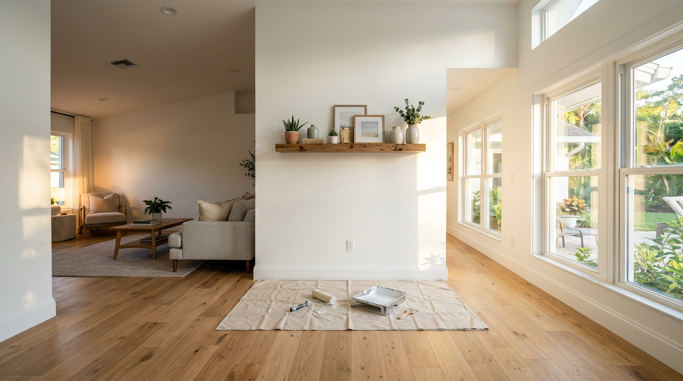 Freshly painted interior room with wood floors, natural sunlight, a paint roller tray, and a floating shelf