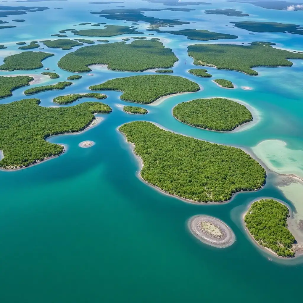 Aerial view of Charlotte County Florida coast with mangrove islands and turquoise water