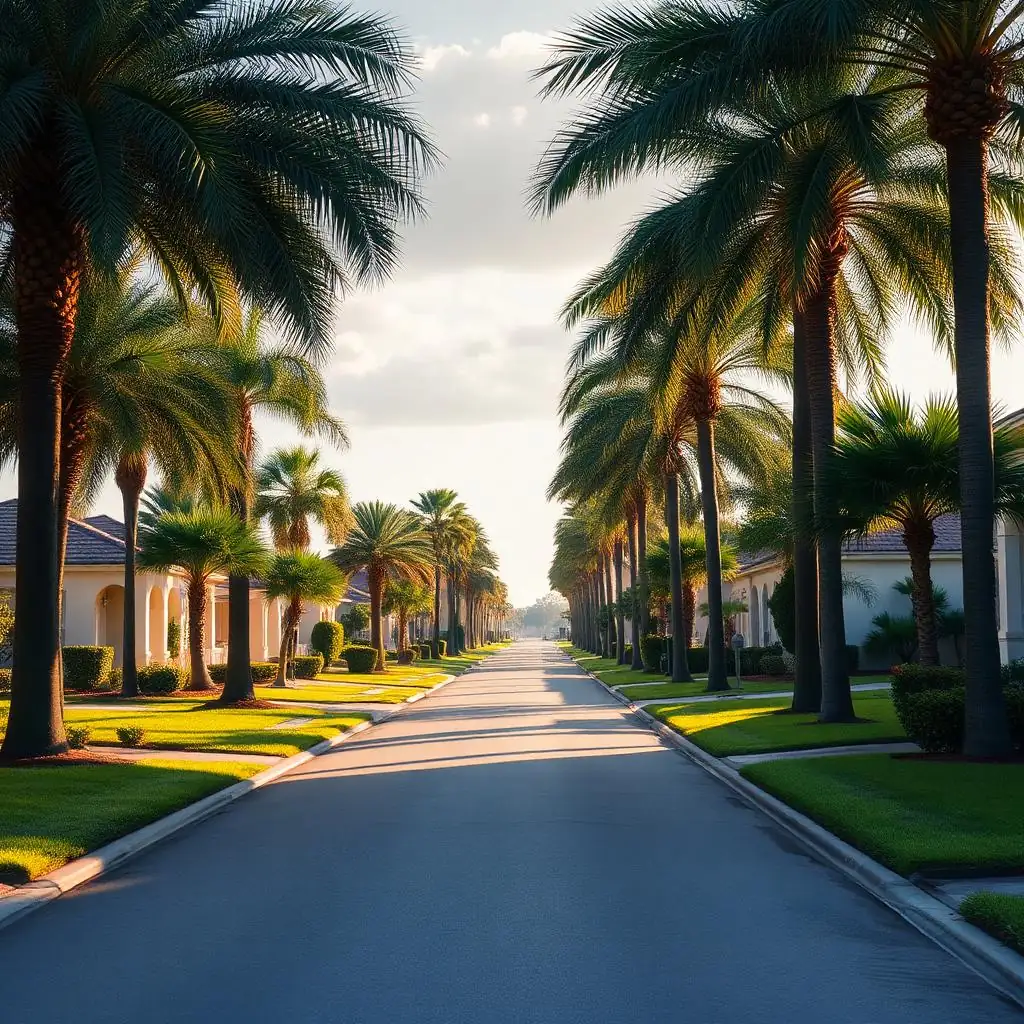 Quiet North Port Florida residential street lined with tall palm trees