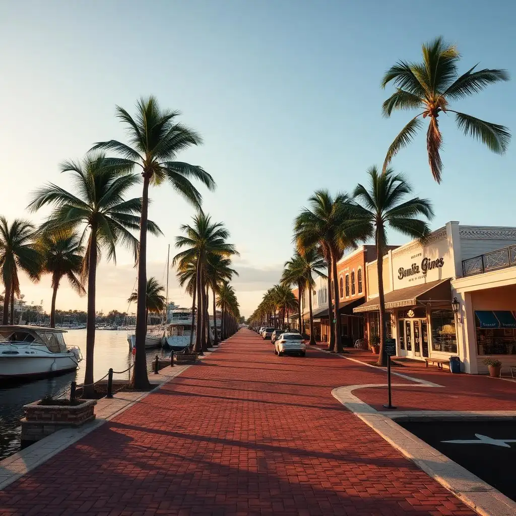 Historic downtown Punta Gorda Florida waterfront with palm trees and brick walkway