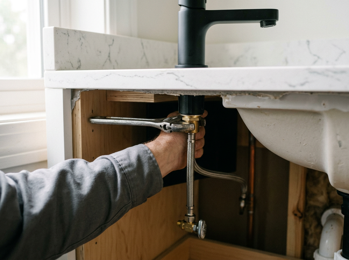 Basin wrench tightening the supply nut under a matte black bathroom faucet on a white quartz vanity