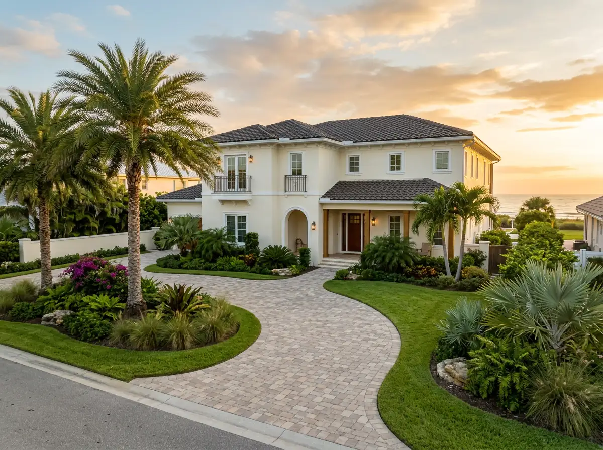 Beautifully maintained Florida coastal home with tropical landscaping at golden hour
