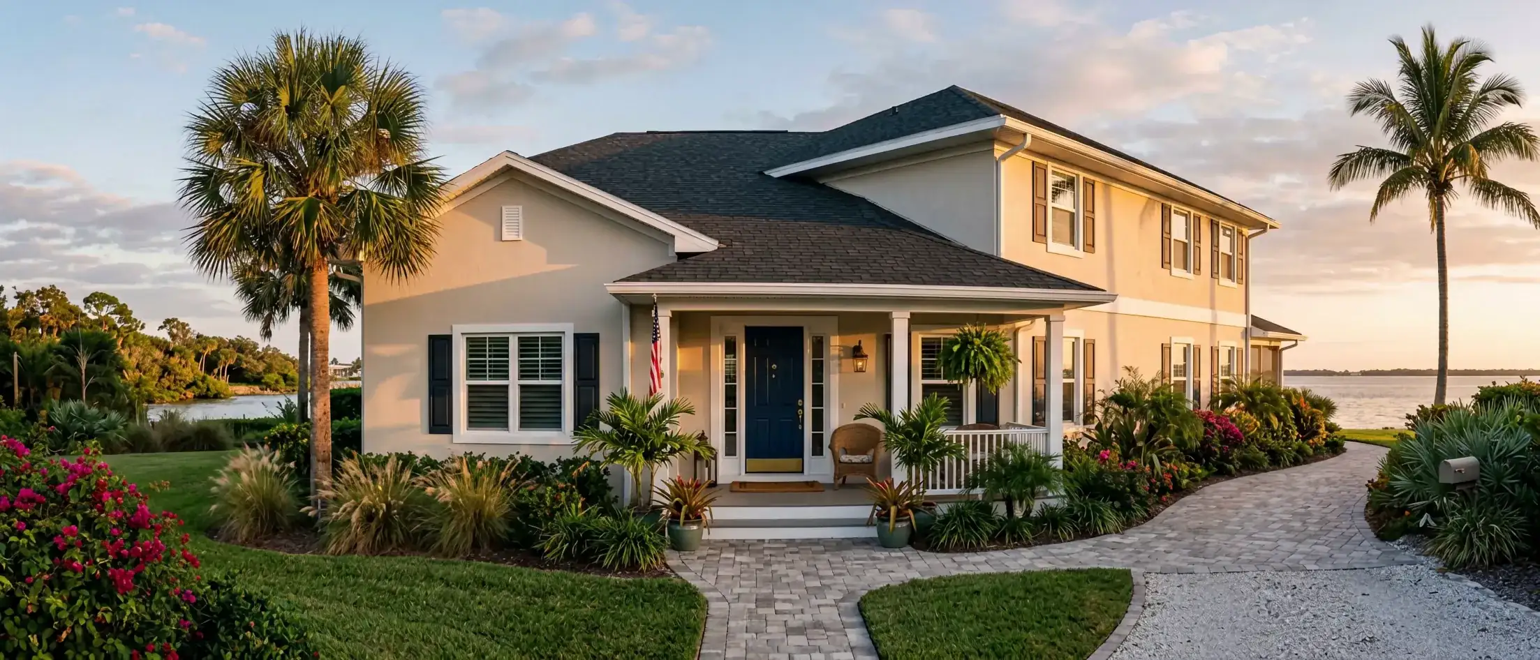 Florida coastal home exterior with tropical landscaping and warm golden-hour light across the front porch